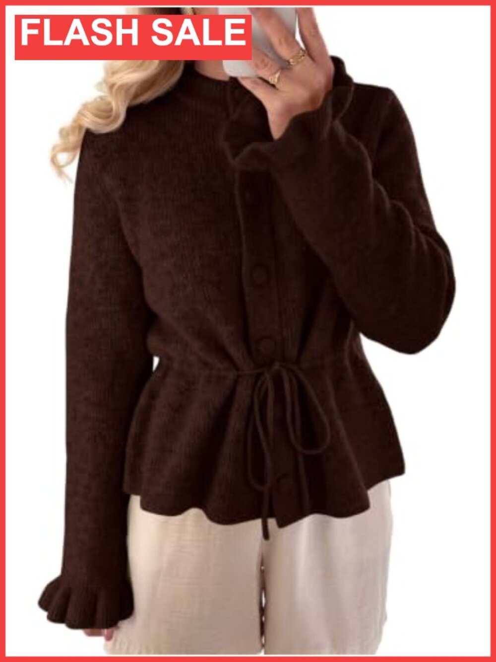 Ruffle Sleeve Cardigan Button Up Tie Waist Knit Sweater Top